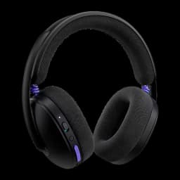 Logitech Auriculares G325 Lightspeed preto, vista frontal: almofadas de tecido, arco acolchoado e detalhes roxos nas