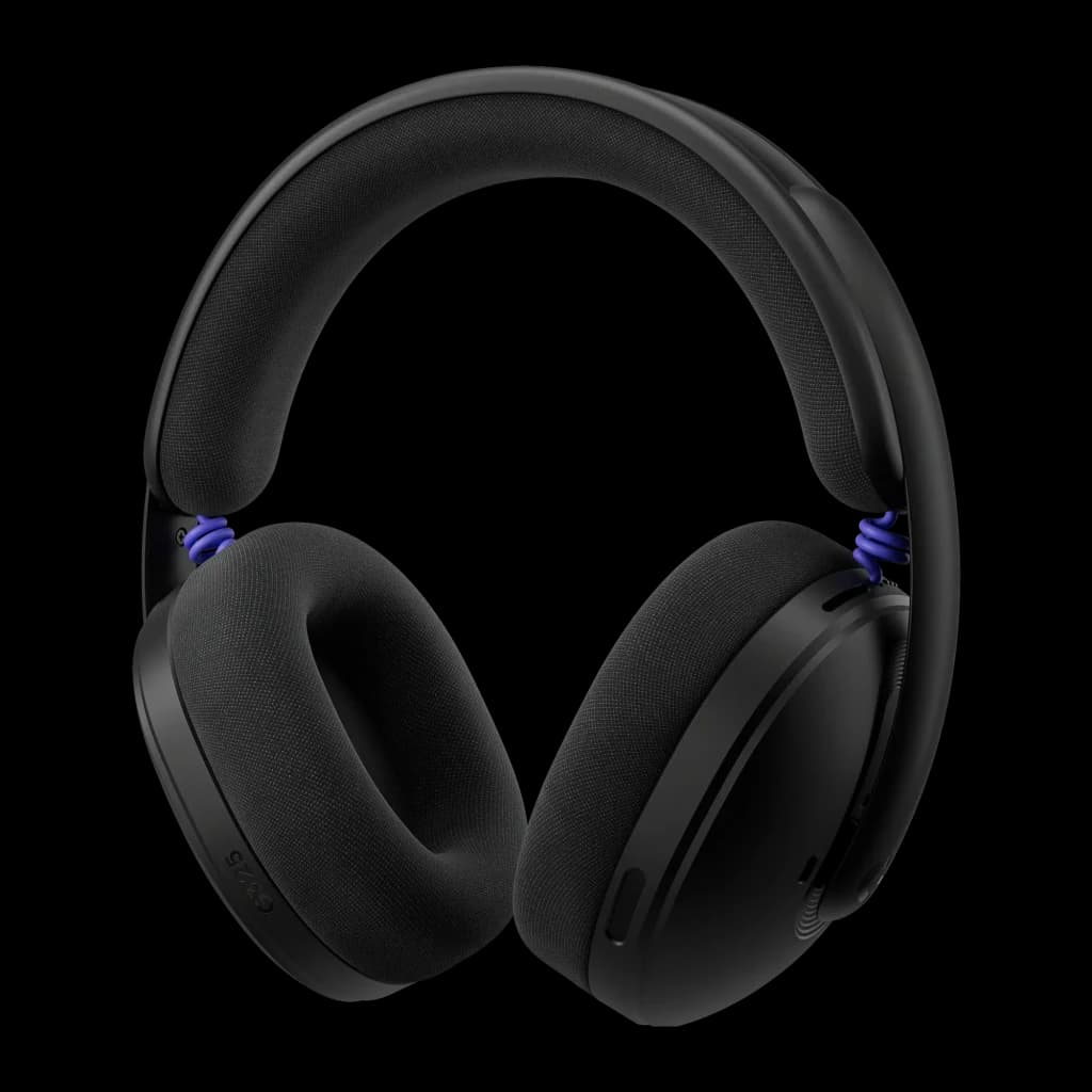 Logitech Auriculares G325 Lightspeed preto, vista frontal em ângulo: almofadas de tecido, arco acolchoado e detalhes em azul
