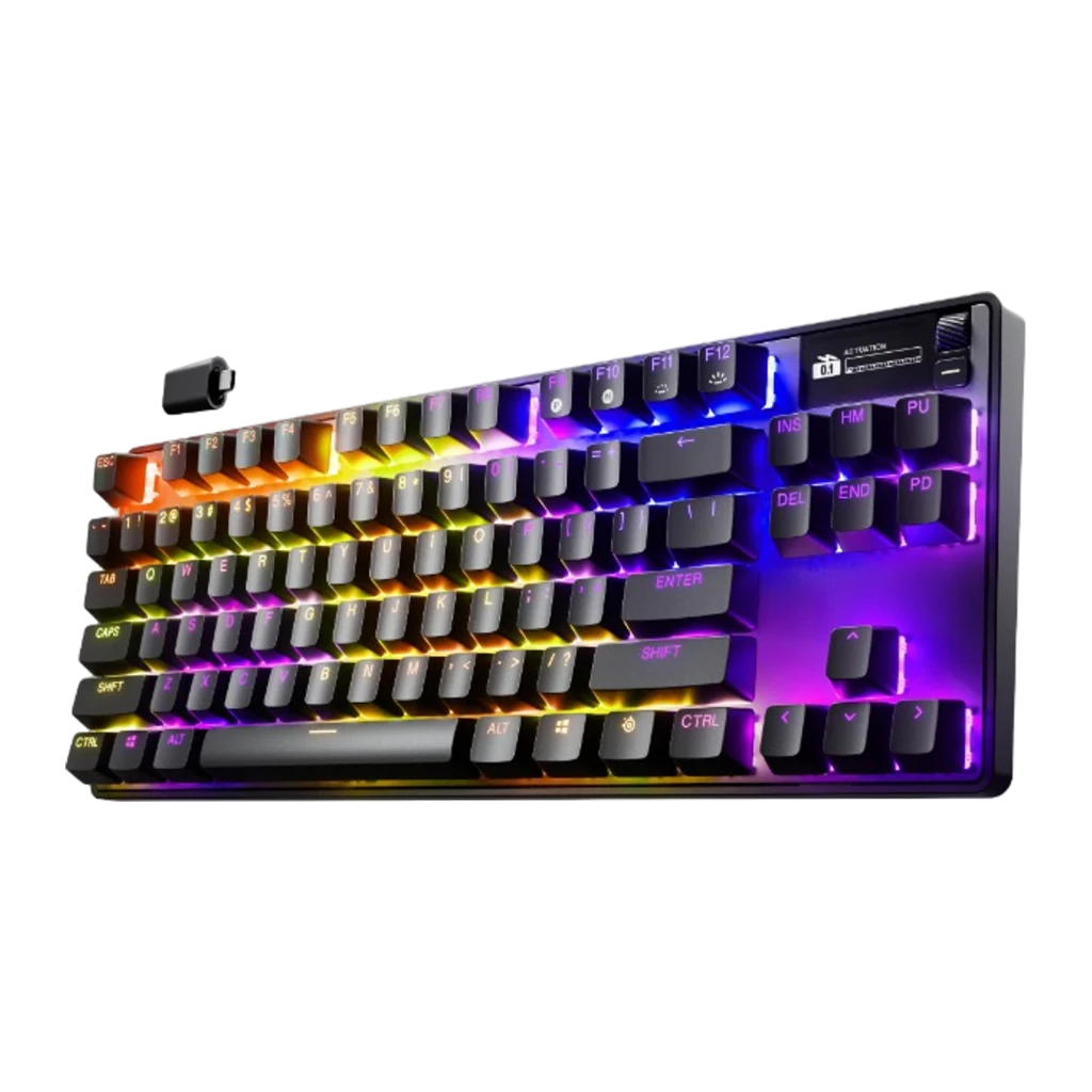SteelSeries Apex Pro TKL Wireless Gen 3 negro, vista frontal en ángulo: iluminación RGB multicolor en teclas y reposamanos - Ítem4