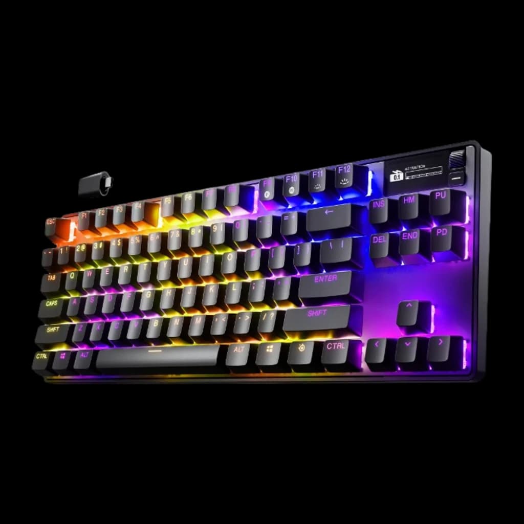 SteelSeries Apex Pro TKL Wireless Gen 3 negro, vista en perspectiva: iluminación RGB con tonos violeta y amarillo, dial de