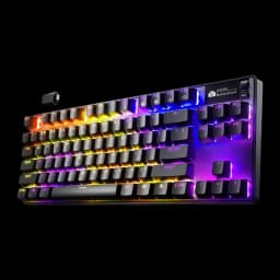 SteelSeries Apex Pro TKL Wireless Gen 3 negro, vista en perspectiva: iluminación RGB con tonos violeta y amarillo, dial de