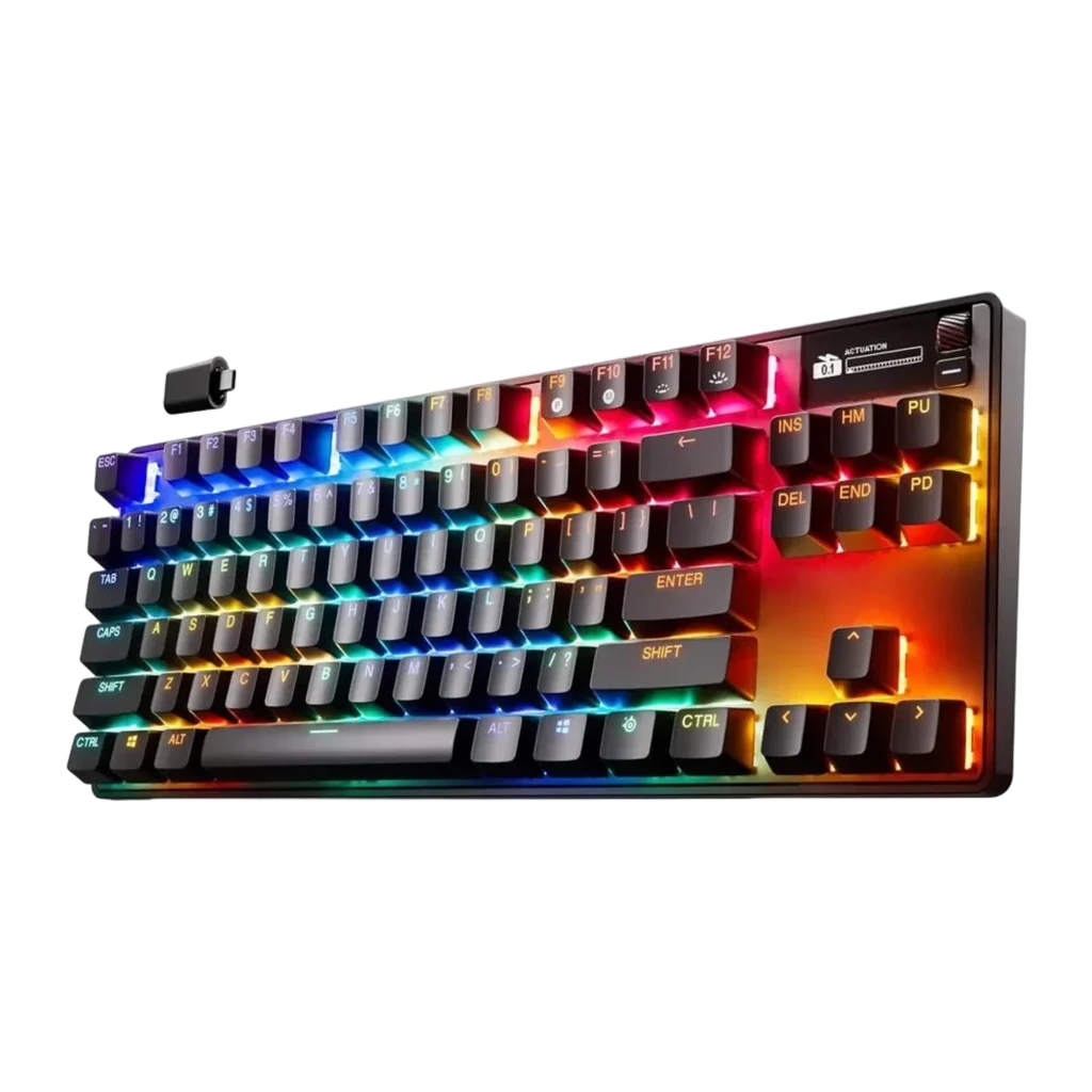 SteelSeries Apex Pro TKL Wireless Gen 3 negro, vista frontal en ángulo: iluminación RGB multicolor en teclas y reposamanos - Ítem5