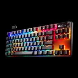 SteelSeries Apex Pro TKL Wireless Gen 3 negro, vista en perspectiva: RGB con tonos naranja y azul predominantes, perfil