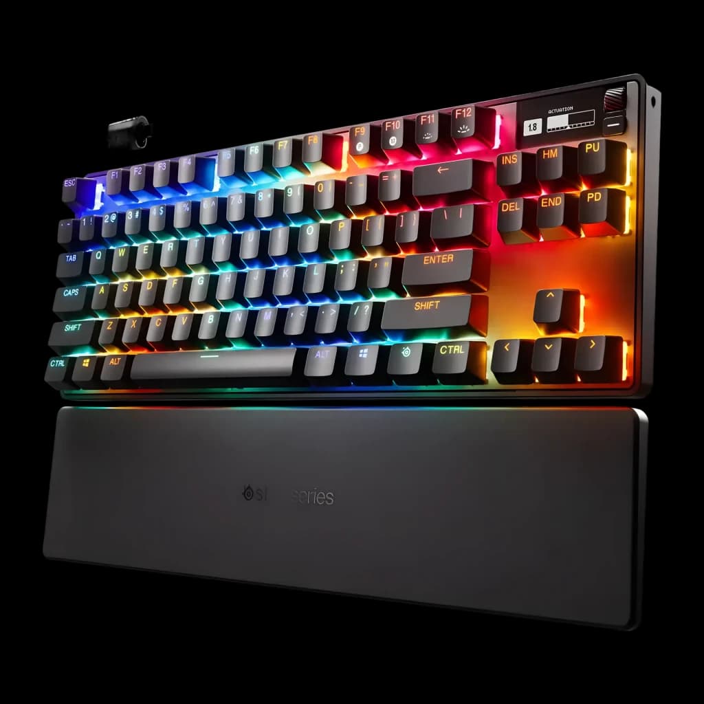 SteelSeries Apex Pro TKL Wireless Gen 3 negro, vista frontal en ángulo: iluminación RGB multicolor en teclas y reposamanos