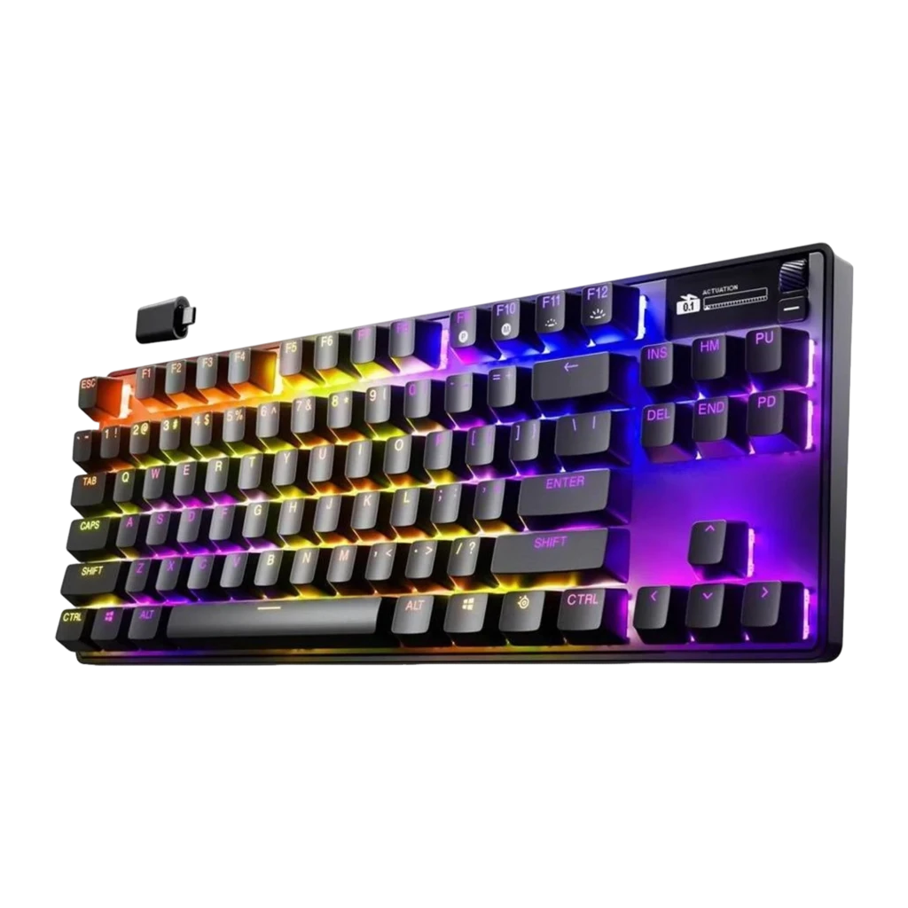 SteelSeries Apex Pro TKL Wireless Gen 3 negro, vista frontal en ángulo: iluminación RGB multicolor en teclas y reposamanos - Ítem2