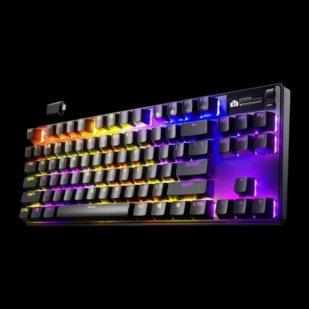 SteelSeries Apex Pro TKL Wireless Gen 3 negro, vista en perspectiva frontal: lateral izquierdo con receptor USB y RGB