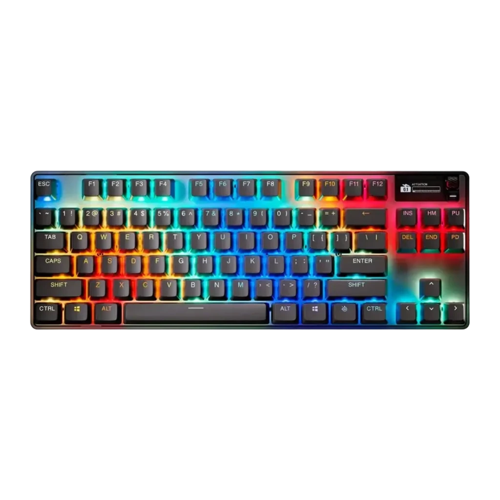 SteelSeries Apex Pro TKL Wireless Gen 3 negro, vista frontal en ángulo: iluminación RGB multicolor en teclas y reposamanos - Ítem1