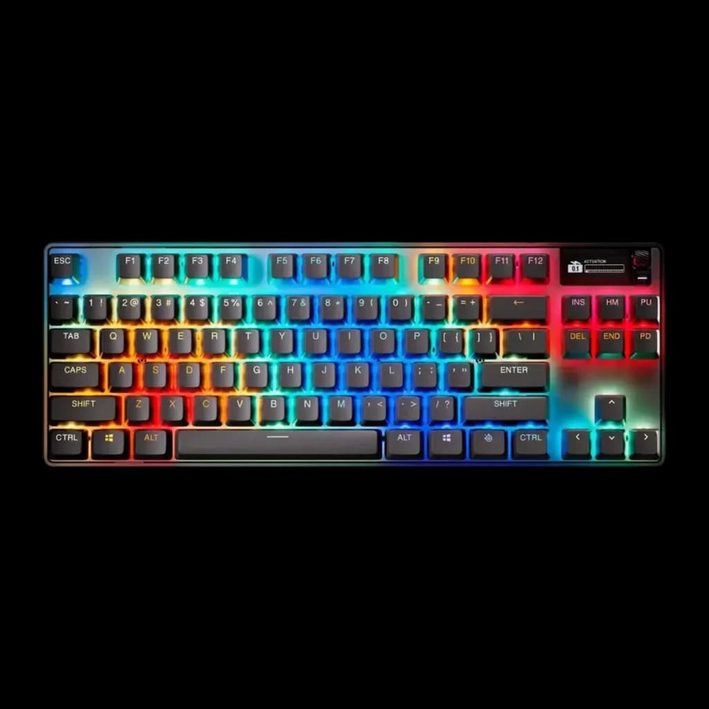 SteelSeries Apex Pro TKL Wireless Gen 3 negro, vista superior: iluminación RGB multicolor por zonas sobre teclas grises