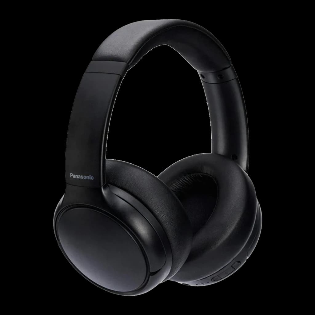 Panasonic RB-M600BE-K Preto, vista lateral: auscultadores over-ear com almofadas acolchoadas, arco e logótipo Panasonic