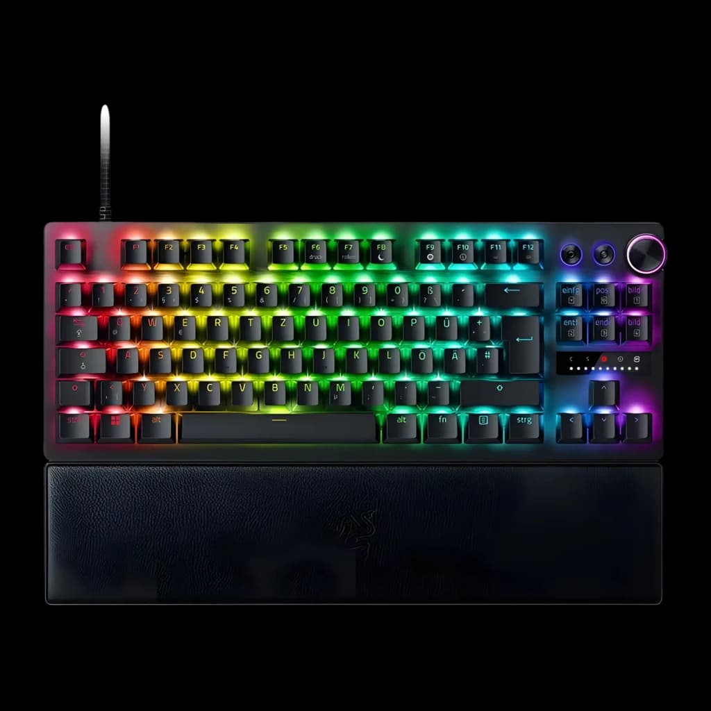 Razer Huntsman V3 Pro TKL Noir, vue de dessus: rétroéclairage RGB multicolore, molette de volume et repose-poignet en cuir