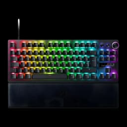 Razer Huntsman V3 Pro TKL Noir, vue de dessus: rétroéclairage RGB multicolore, molette de volume et repose-poignet en cuir
