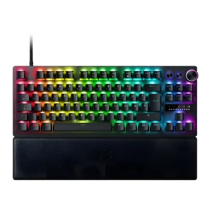 Razer Huntsman V3 Pro TKL Preto, vista superior: retroiluminação RGB multicolor, dial de volume e apoio de pulso em couro