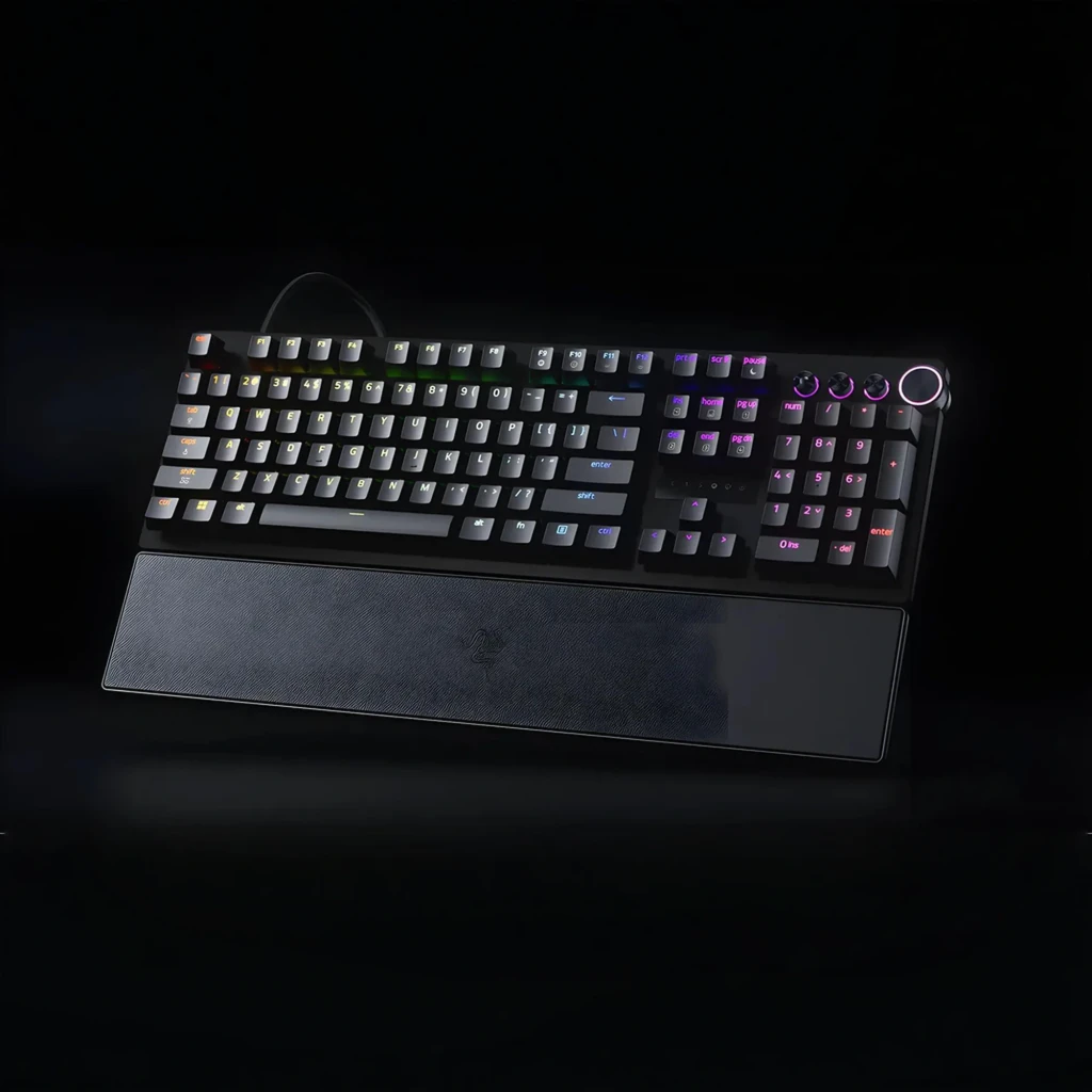 Razer Huntsman V3 Pro TKL Preto, vista superior: retroiluminação RGB multicolor, dial de volume e apoio de pulso em couro - Item3