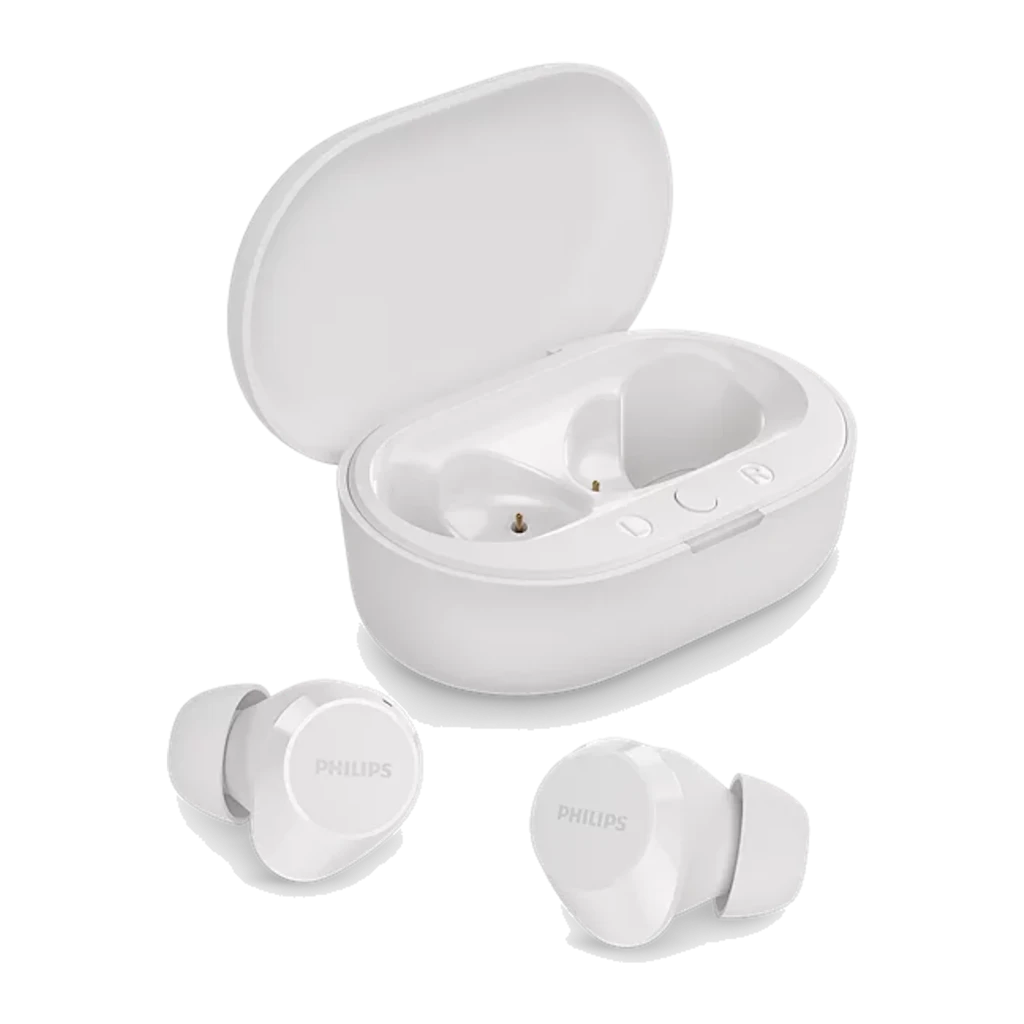 Philips TAT1209WT Branco, vista conjunto: earbuds TWS e estojo de carregamento aberto com contactos dourados