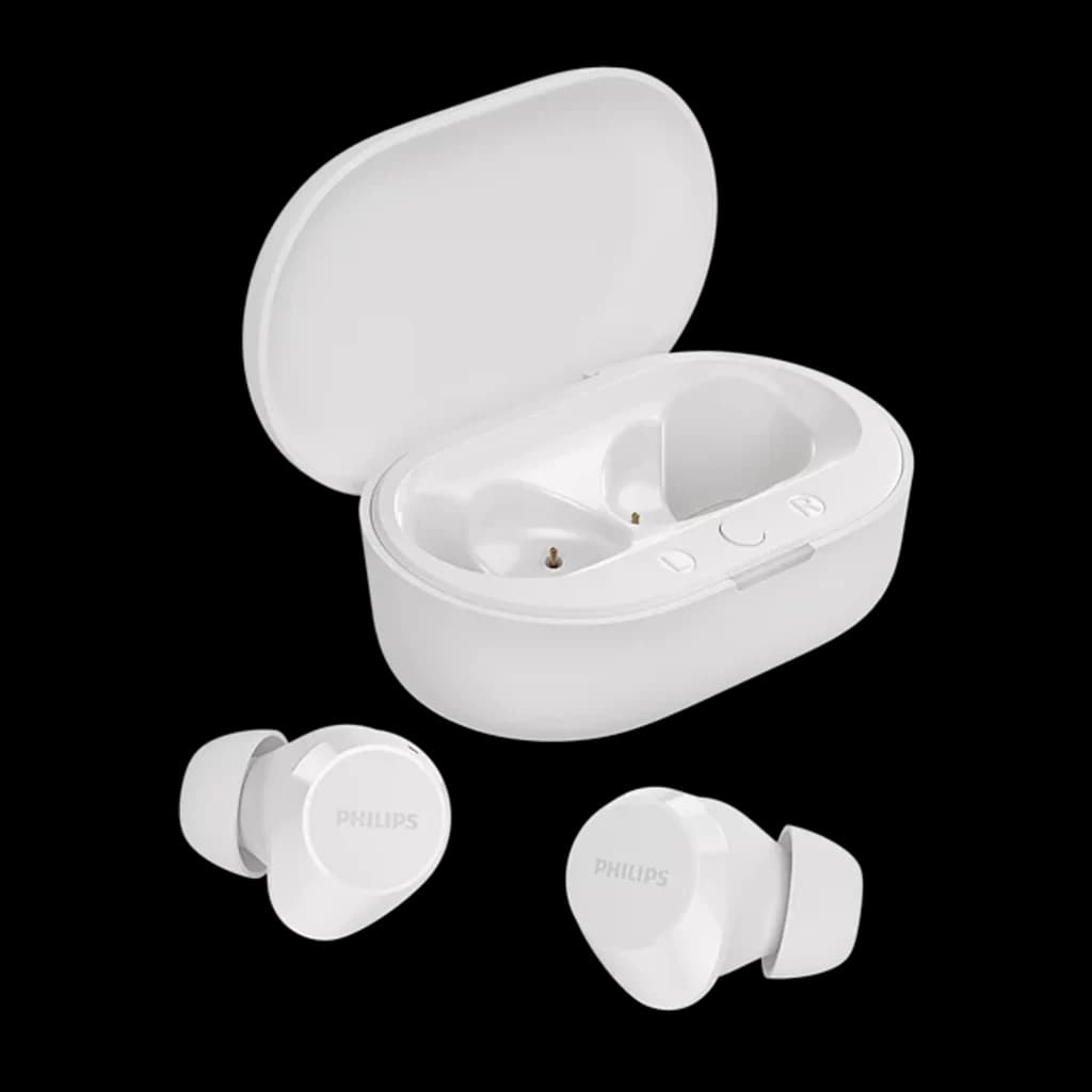 Philips TAT1209WT Blanco, vista conjunto: auriculares TWS y estuche de carga abierto con contactos dorados