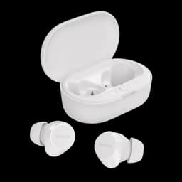 Philips TAT1209WT Blanco, vista conjunto: auriculares TWS y estuche de carga abierto con contactos dorados