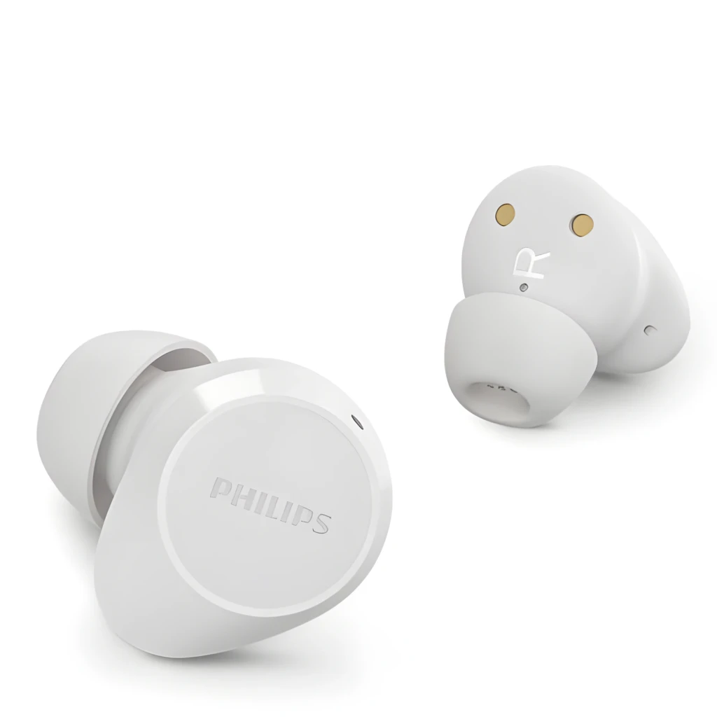 Philips TAT1209WT Branco, vista par: earbud esquerdo com logo Philips e direito com contactos dourados de carga