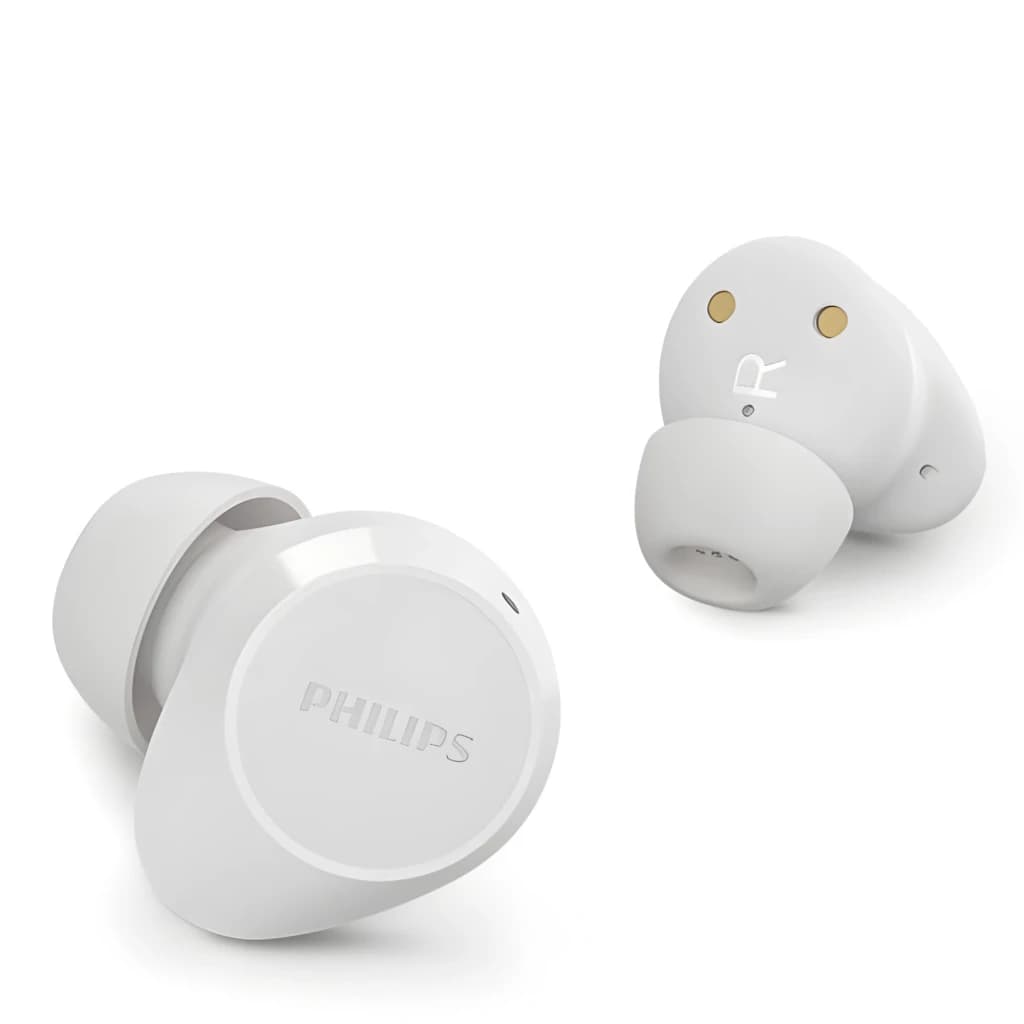 Philips TAT1209WT Blanco, vista par: auricular izquierdo con logo Philips y derecho con contactos dorados de carga