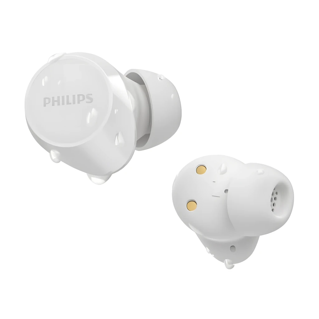 Philips TAT1209WT Branco, vista frontal e traseira: dois auriculares TWS, logo Philips e contactos de carga dourados visíveis