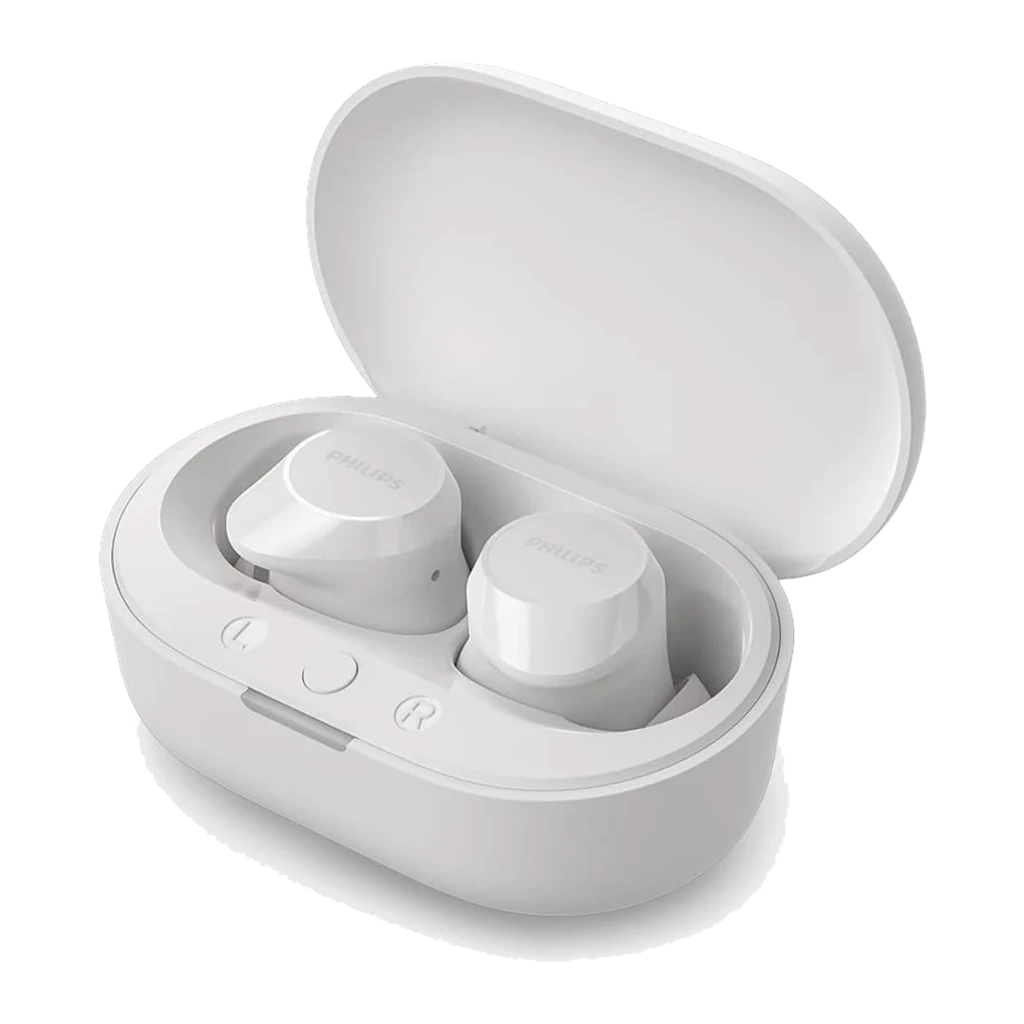 Philips True Wireless In-Ear Bluetooth branco, vista frontal: auriculares no estojo de carregamento aberto com logo Philips