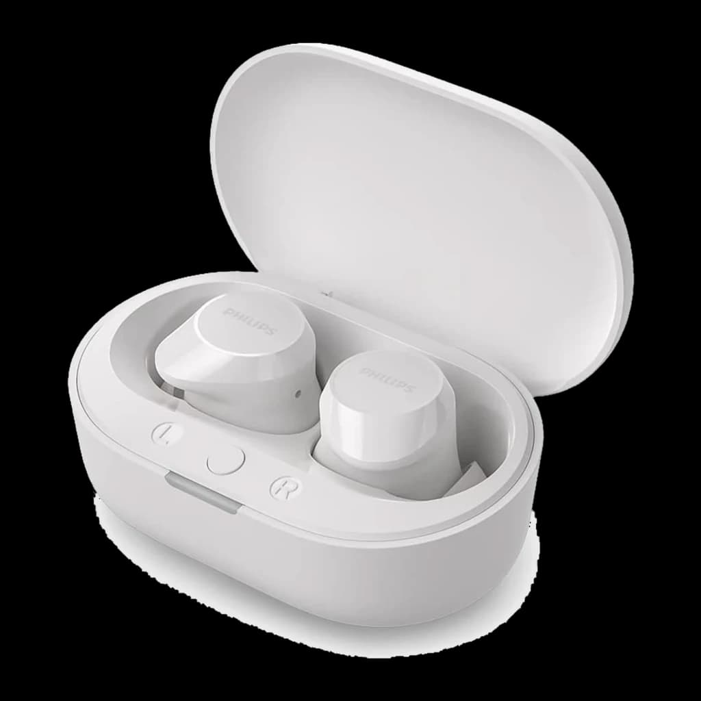 Philips True Wireless In-Ear Bluetooth blanco, vista frontal: auriculares en estuche de carga abierto con logo Philips
