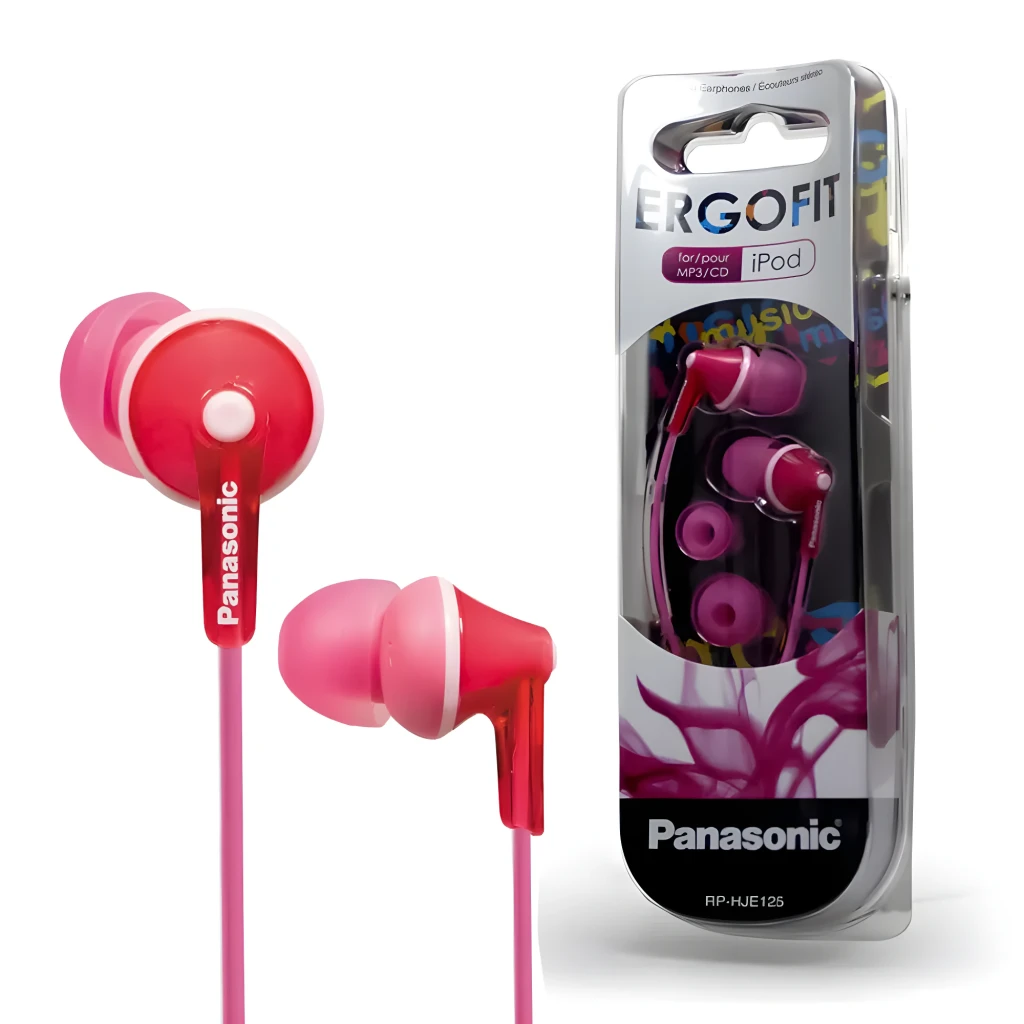 Panasonic RP-HJE125E-P Rosa, vista frontal y lateral: dos auriculares in-ear, logo Panasonic visible, almohadillas y cable - Ítem2