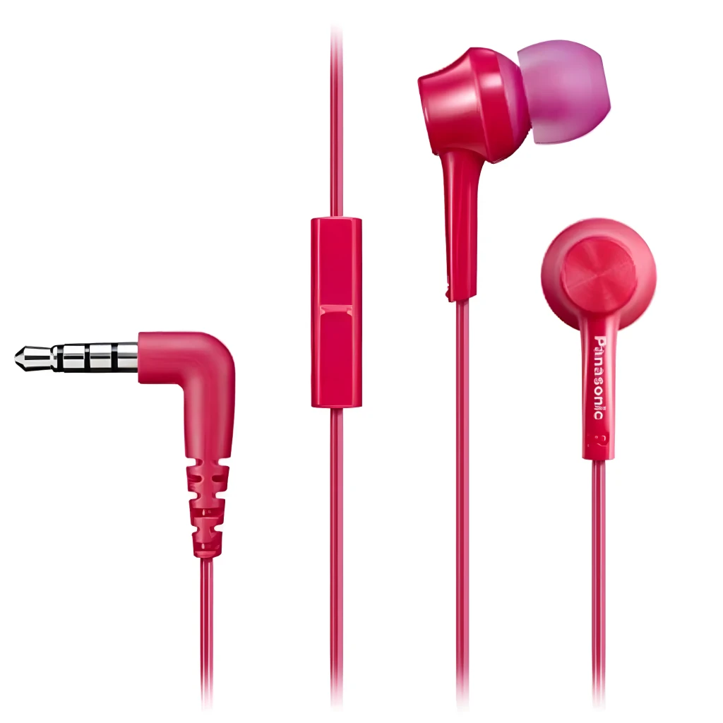 Panasonic RP-HJE125E-P Rosa, vista frontal y lateral: dos auriculares in-ear, logo Panasonic visible, almohadillas y cable - Ítem1