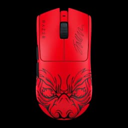 Razer Viper V3 Pro Faker Edition Vermelho, vista superior: ilustração de javali em preto, assinatura Faker e scroll preto