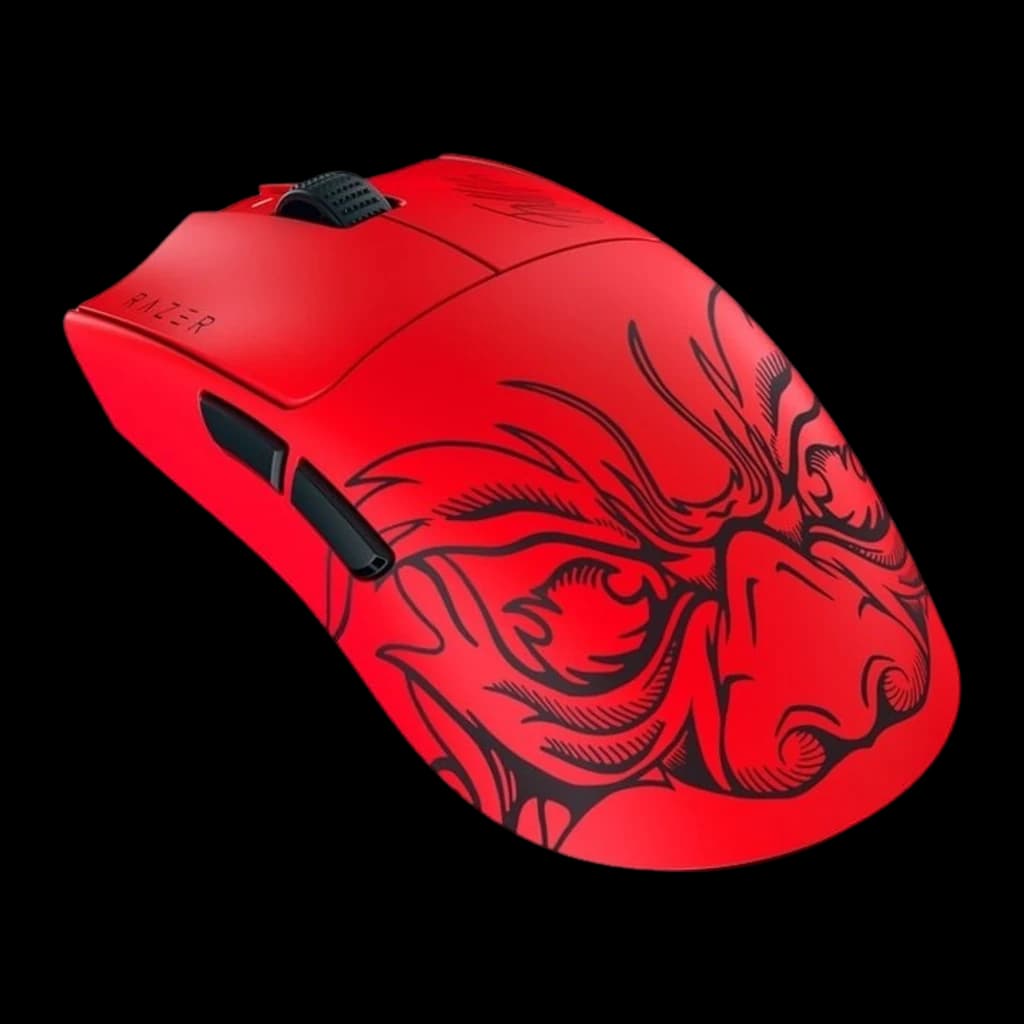 Razer Viper V3 Pro Faker Edition Vermelho, vista lateral em perspectiva: ilustração de javali em preto e botões laterais