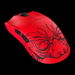Razer Viper V3 Pro Faker Edition Vermelho, vista lateral em perspectiva: ilustração de javali em preto e botões laterais