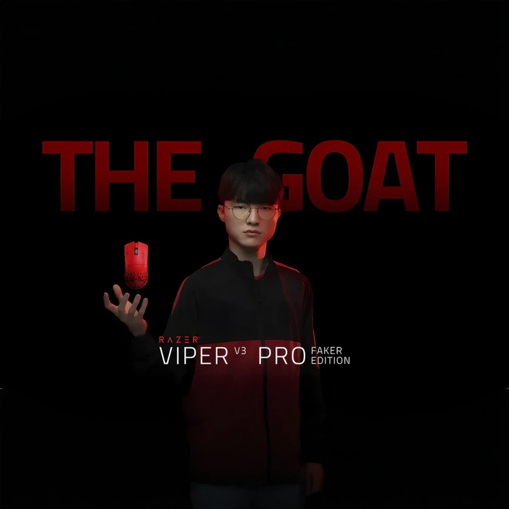 Razer Viper V3 Pro Faker Edition Rojo, vista superior: ilustración de jabalí en negro, firma de Faker y scroll negro - Ítem2