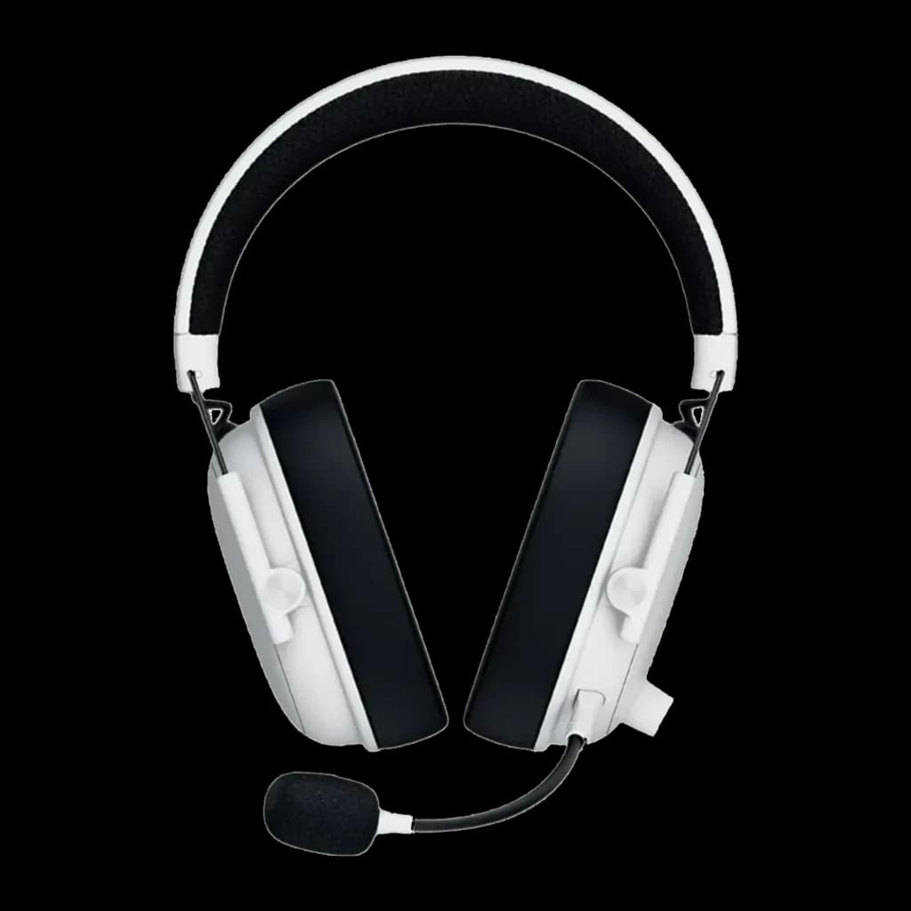 Razer BlackShark V3 Blanco, vista frontal: auriculares con almohadillas negras, diadema acolchada y micrófono flexible