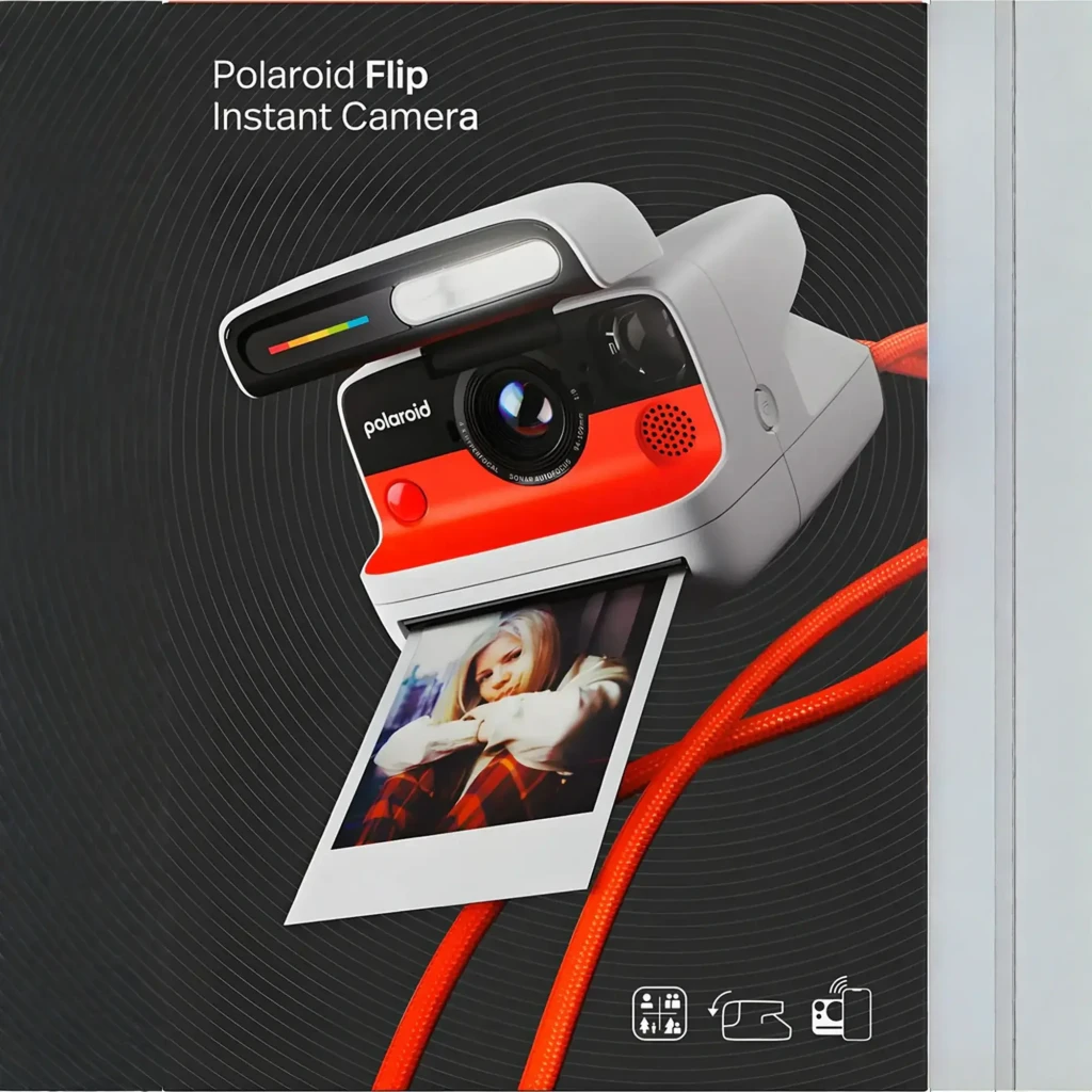 Polaroid Cámara instantánea Flip Negro, vista frontal: tapa abierta con flash y barra arcoíris, objetivo y franja naranja - Ítem7