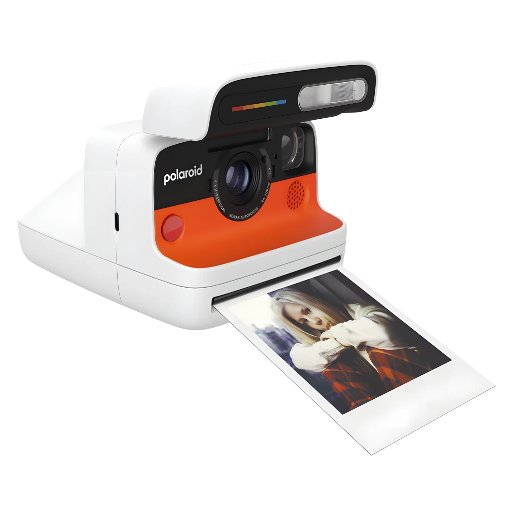 Polaroid Cámara instantánea Flip Negro, vista frontal: tapa abierta con flash y barra arcoíris, objetivo y franja naranja - Ítem3