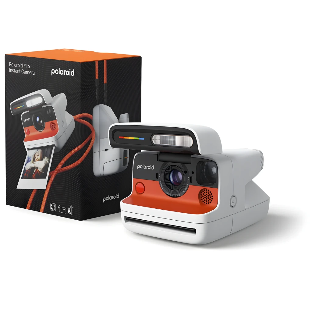 Polaroid Cámara instantánea Flip Negro, vista frontal: tapa abierta con flash y barra arcoíris, objetivo y franja naranja - Ítem4