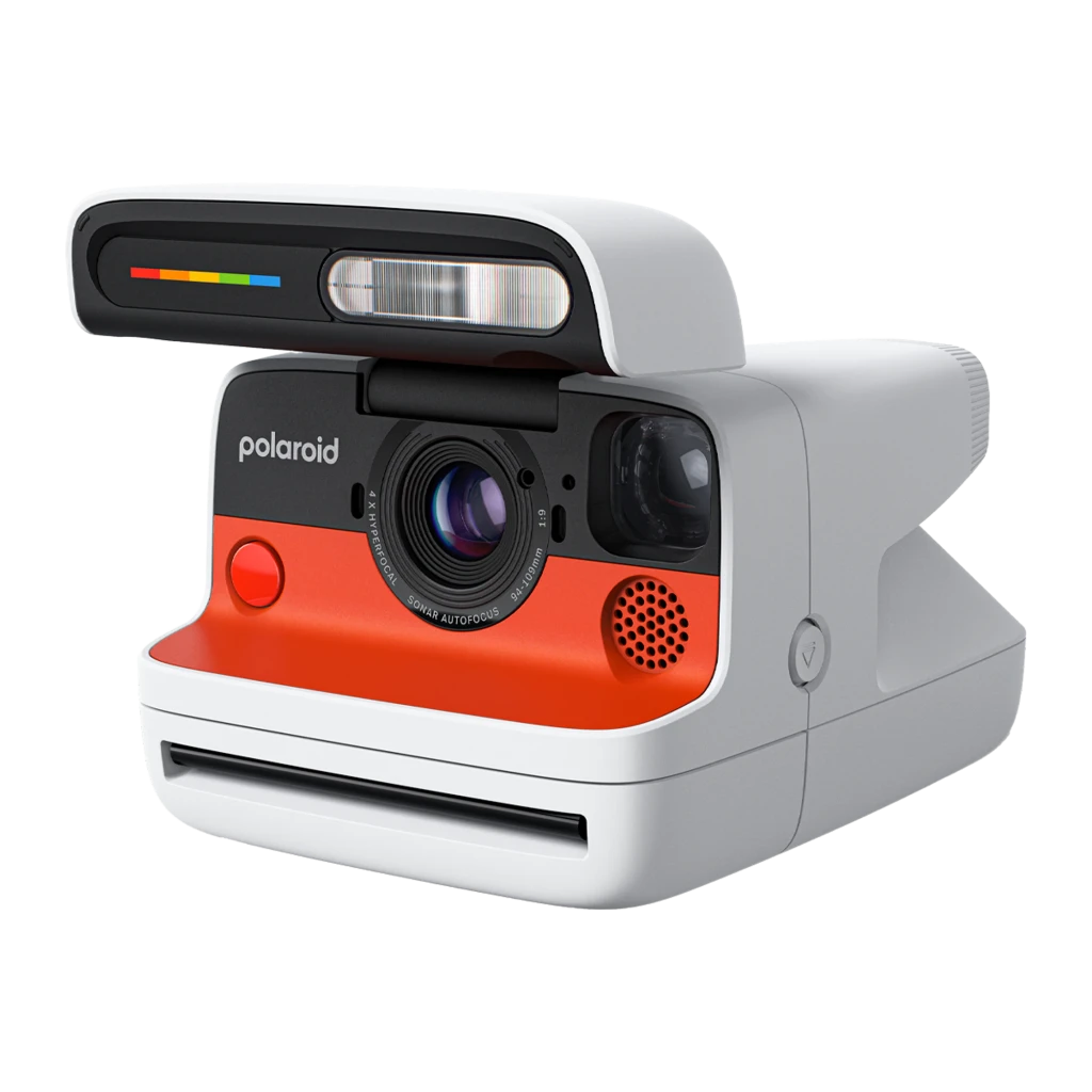 Polaroid Cámara instantánea Flip Negro, vista frontal: tapa abierta con flash y barra arcoíris, objetivo y franja naranja - Ítem1