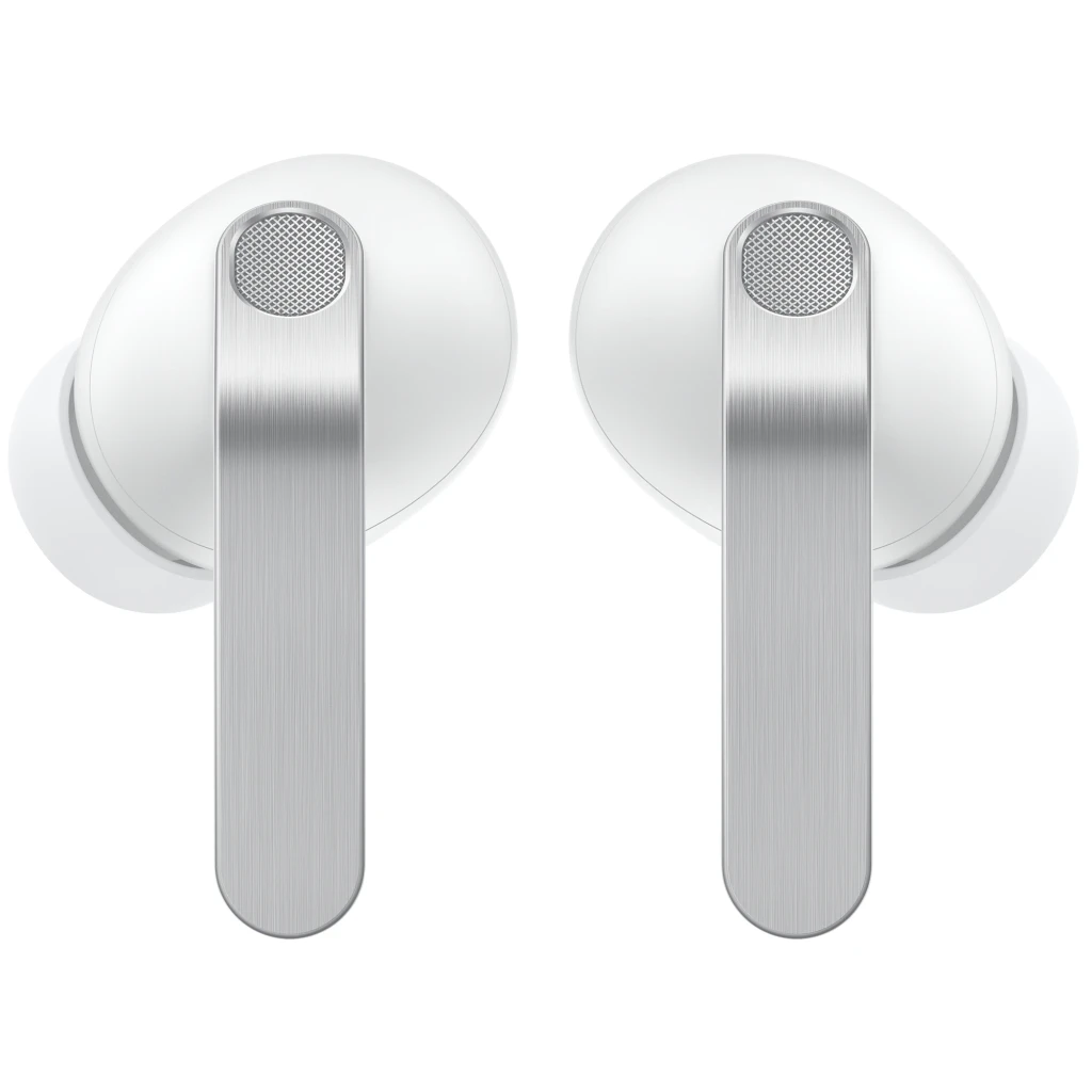 Samsung Galaxy Buds4 Pro Blanc, vue de face: écouteurs flottant au-dessus du boîtier ouvert avec logo Samsung visible - Ítem1