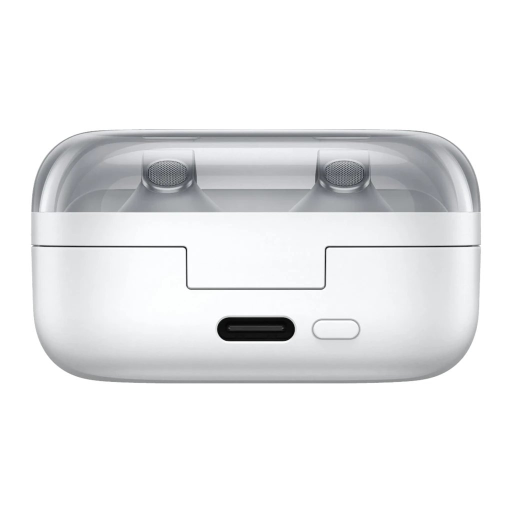 Samsung Galaxy Buds4 Pro Blanc, vue de face: écouteurs flottant au-dessus du boîtier ouvert avec logo Samsung visible - Ítem5