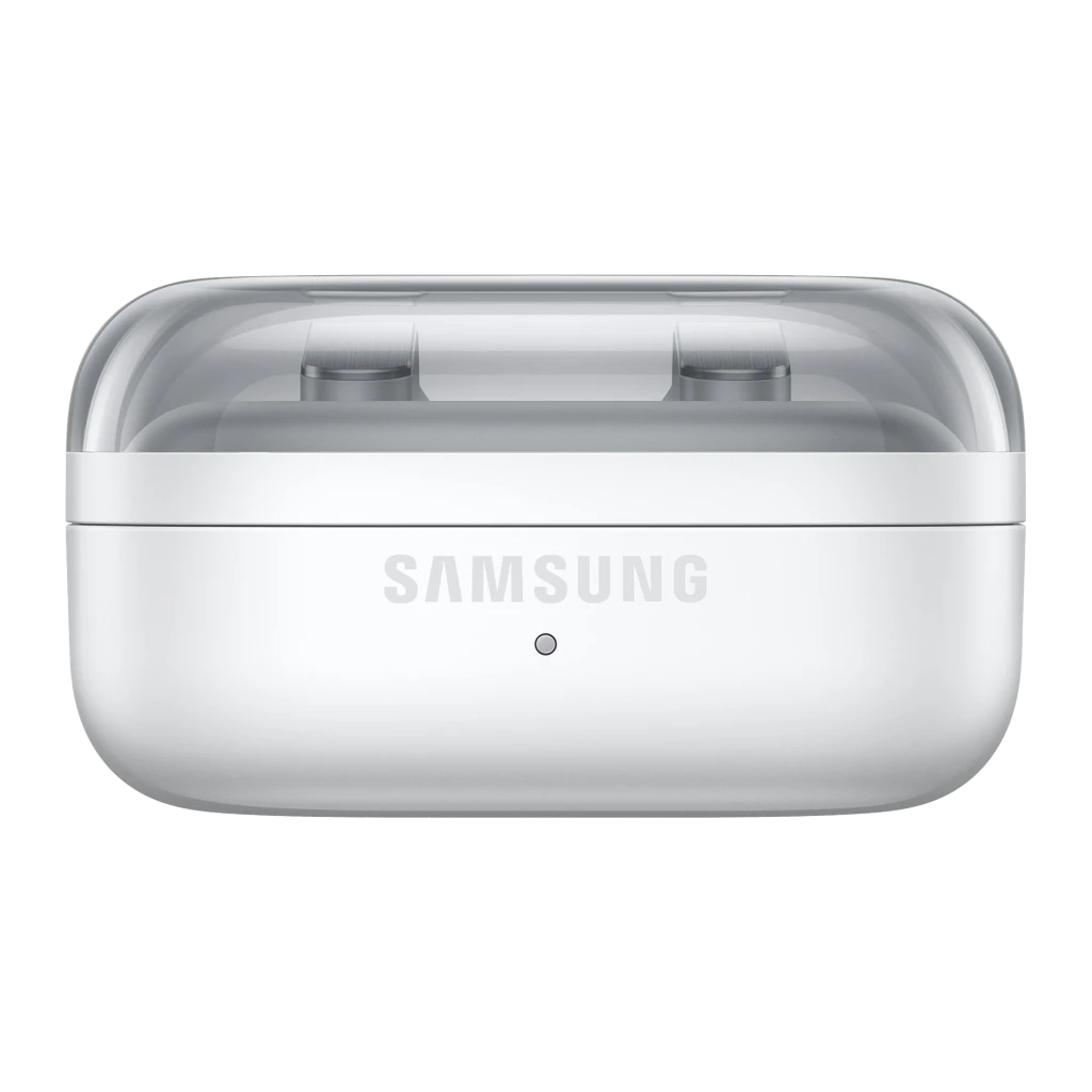 Samsung Galaxy Buds4 Pro Blanc, vue de face: écouteurs flottant au-dessus du boîtier ouvert avec logo Samsung visible - Ítem4