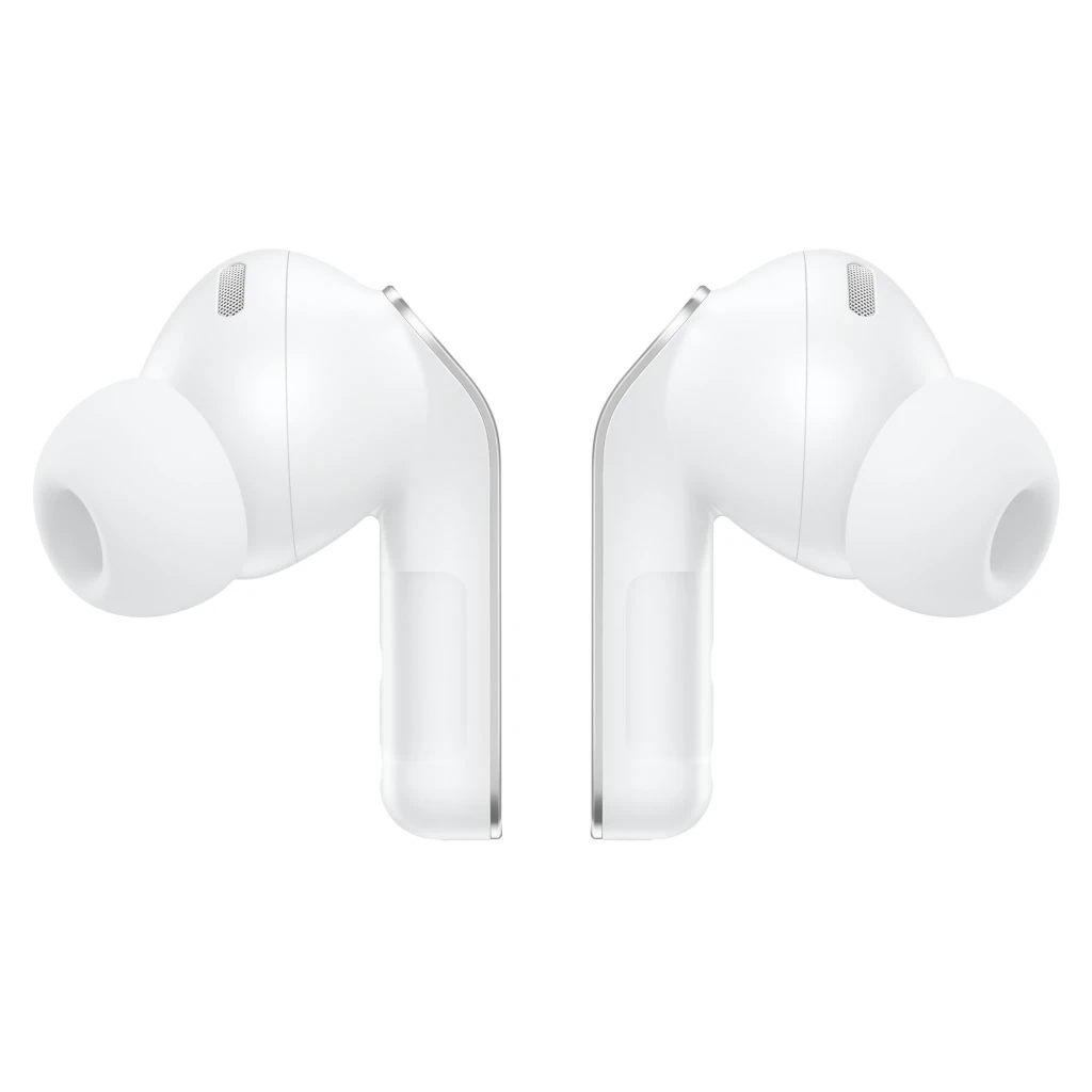 Samsung Galaxy Buds4 Pro Blanc, vue de face: écouteurs flottant au-dessus du boîtier ouvert avec logo Samsung visible - Ítem3