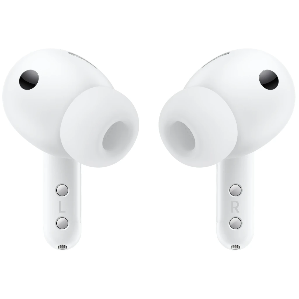 Samsung Galaxy Buds4 Pro Blanc, vue de face: écouteurs flottant au-dessus du boîtier ouvert avec logo Samsung visible - Ítem2