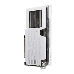 XFX Radeon RX 9060 XT Swift Triple Fan OC Blanca, vista lateral trasera: backplate con diseño de líneas, disipador de aletas