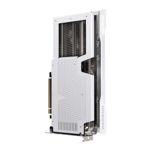 XFX Radeon RX 9060 XT Swift Triple Fan OC Branca, vista lateral traseira: backplate com padrão de linhas, dissipador de
