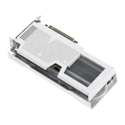 XFX Radeon RX 9060 XT Swift Triple Fan OC Blanca, vista trasera en ángulo superior: backplate con líneas grabadas, disipador