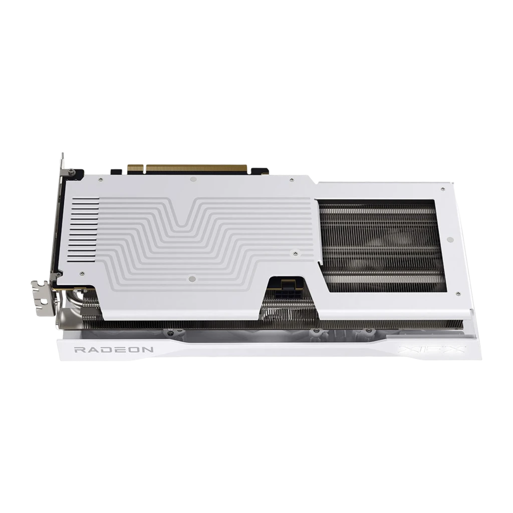 XFX Radeon RX 9060 XT Swift Triple Fan OC Branca, vista traseira plana: backplate completo com padrão de linhas, aletas do