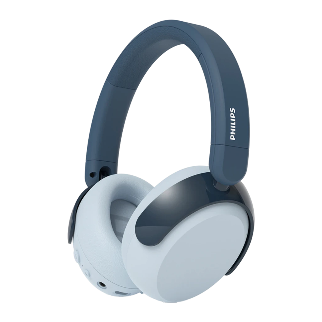 Philips Casque TAK5500RT Sans Fil Bluetooth Bleu, vue de face en angle: arceau bleu avec logo Philips et coussinets bleu