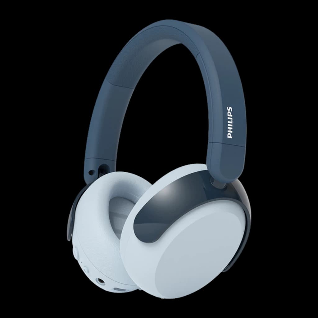 Philips Casque TAK5500RT Sans Fil Bluetooth Bleu, vue de face en angle: arceau bleu avec logo Philips et coussinets bleu
