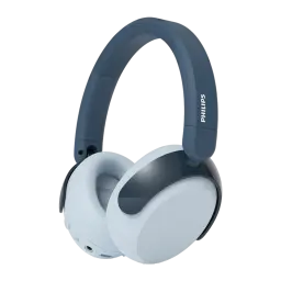 Philips Casque TAK5500RT Sans Fil Bluetooth Bleu, vue de face en angle: arceau bleu avec logo Philips et coussinets bleu
