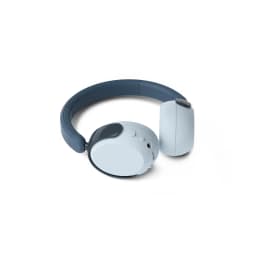 Philips TAK5500RT Bleu, vue latérale: casque replié avec arceau bleu foncé et coussinets bleu clair avec boutons visibles