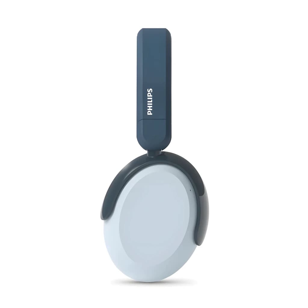 Philips TAK5500RT Bleu, vue latérale replié: écouteur unique avec arceau bleu foncé et logo Philips visible